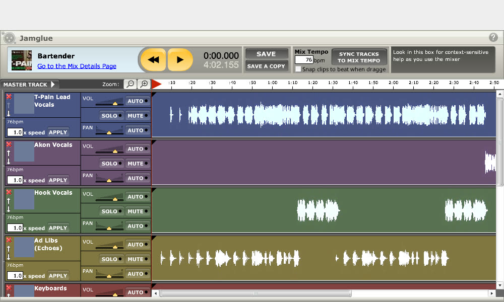 The 2007 Jamglue mixer, eight stems of the T-Pain track Bartender loaded on the timeline